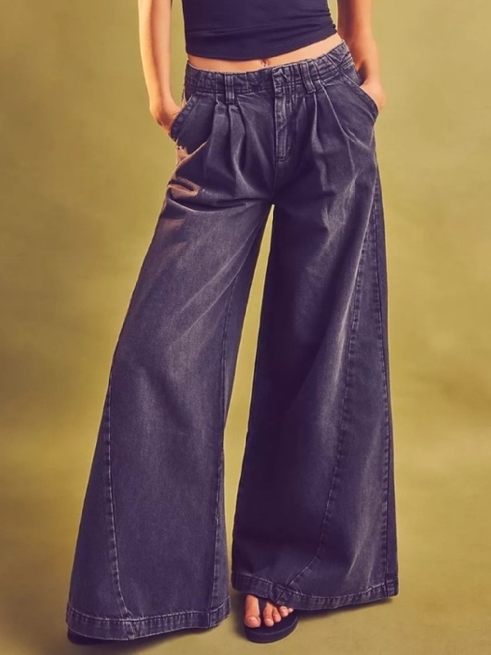 We the Free People Equinox Black Denim Trousers Super Wide Leg Size 28